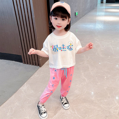 Korean children"s summer girls" suit new summer baby printed short sleeve T-shirt children"s sports pants