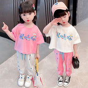 Korean children"s summer girls" suit new summer baby printed short sleeve T-shirt children"s sports pants