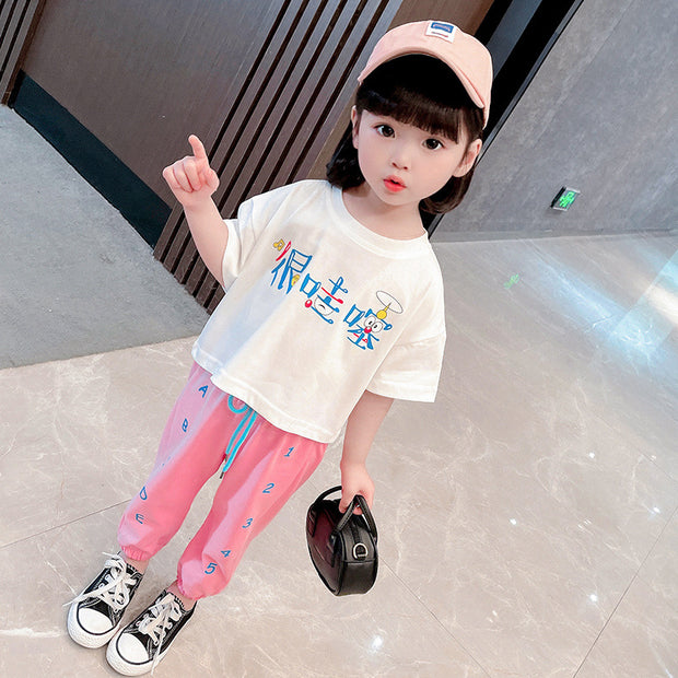 Korean children"s summer girls" suit new summer baby printed short sleeve T-shirt children"s sports pants