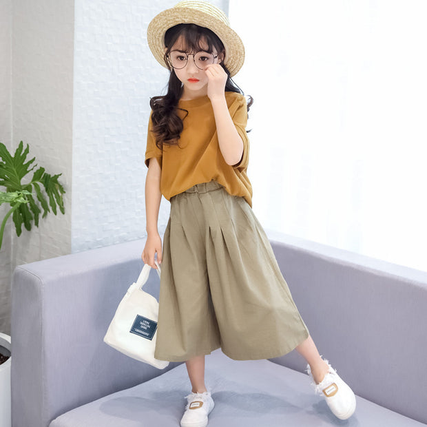 Girls' Suits Summer New Children's Clothing Big Children's Cotton And Linen Wide-leg Pants Loose Western Style Leisure Two-piece Trend