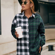 Single-breasted Plaid Shirt Plaid Color-blocking Shirt Jacket Top Women