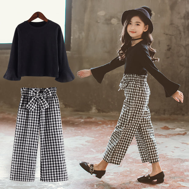 Korean Style Bow Wide Leg Plaid Trousers Trendy Two-piece Suit