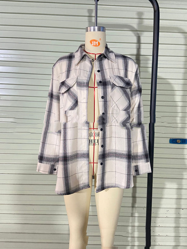 New Women's Fashion Black And White Plaid Long-sleeved Shirt Jacket