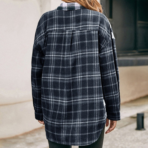 Single-breasted Plaid Shirt Plaid Color-blocking Shirt Jacket Top Women