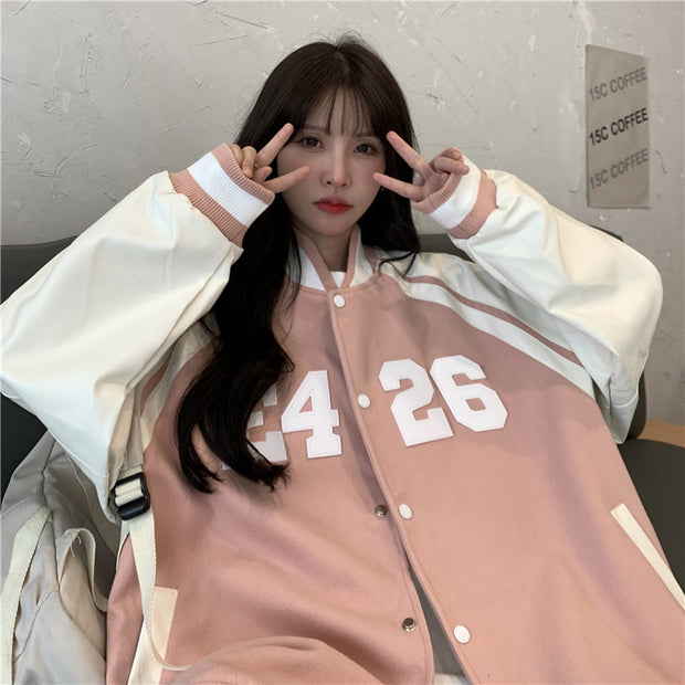 Women's American Style Baseball Uniform Loose Jacket