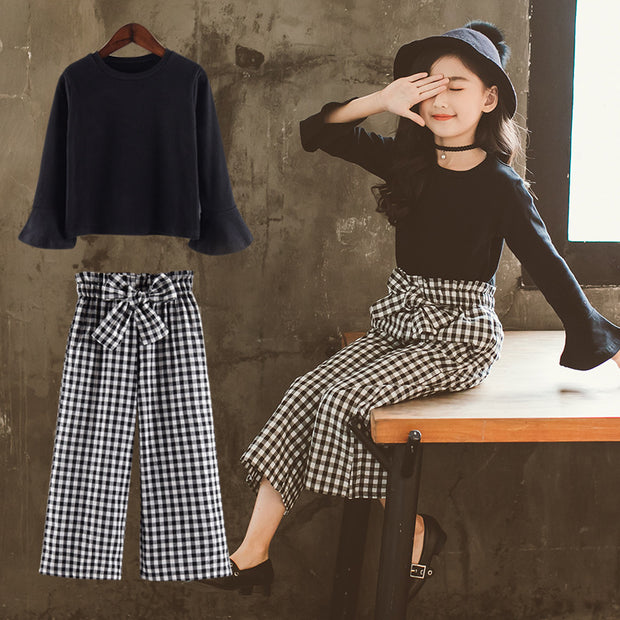 Korean Style Bow Wide Leg Plaid Trousers Trendy Two-piece Suit