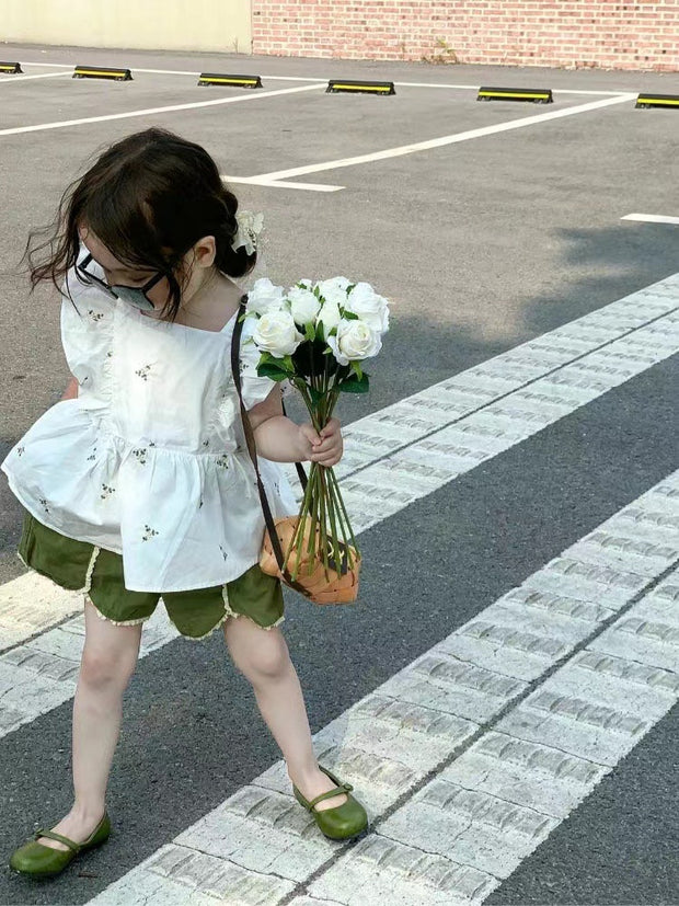 Girls' Summer Suits Korean Style Western Style Lace Flounced Sleeve