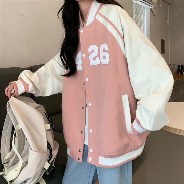 Women's American Style Baseball Uniform Loose Jacket