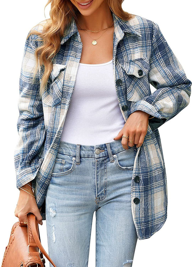 Women Oversized Check Button Shirt Jacket