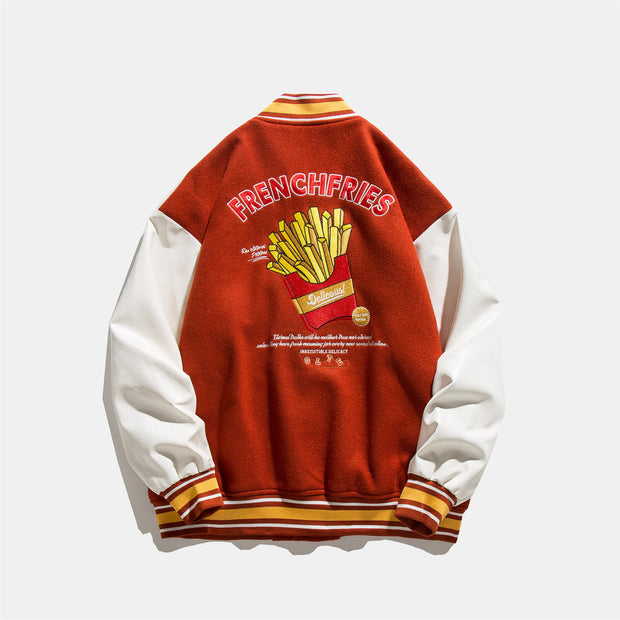 Couple Loose Casual Baseball Uniform French Fries Embroidered Jacket