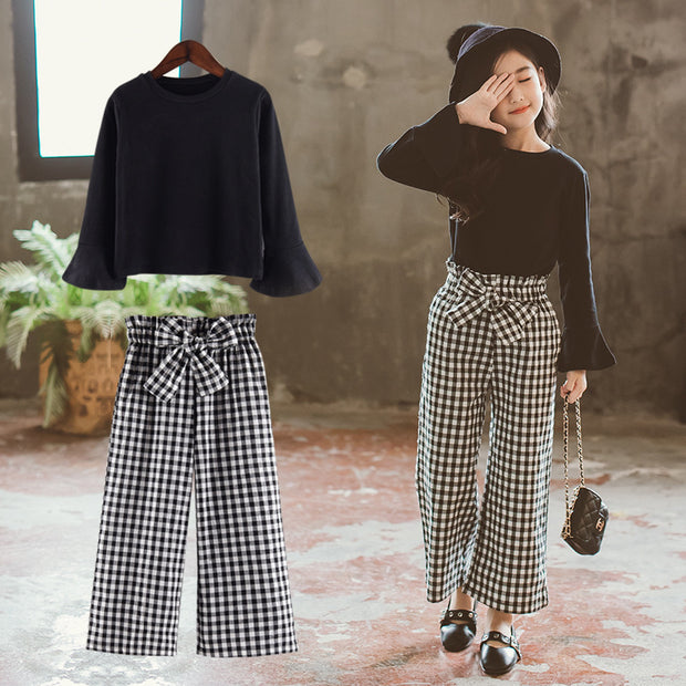 Korean Style Bow Wide Leg Plaid Trousers Trendy Two-piece Suit