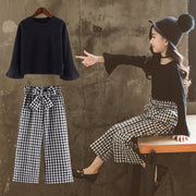 Korean Style Bow Wide Leg Plaid Trousers Trendy Two-piece Suit