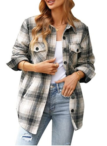 Women Oversized Check Button Shirt Jacket